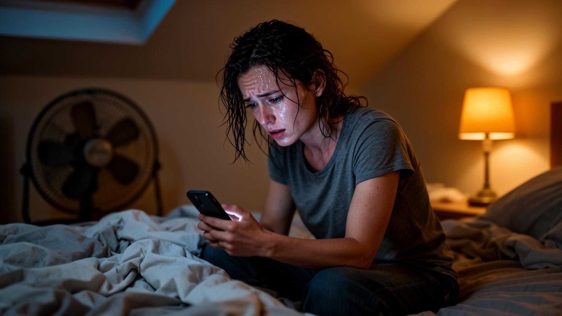 Exhausted woman in overheated bedroom at 3 AM